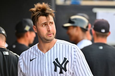 TAMPA, FLORIDA - MARCH 30: Joey Gallo #13 of the New York Yankees looks on during a Grapefruit League spring training game against the Toronto Blue Jays at George Steinbrenner Field on March 30, 2022 in Tampa, Florida. (Photo by Julio Aguilar/Getty Images)