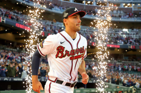 ATLANTA, GEORGIA - APRIL 07: Matt Olson #28 of the Atlanta Braves is introduced prior to the opening day game against the Cincinnati Reds at Truist Park on April 07, 2022 in Atlanta, Georgia. (Photo by Kevin C. Cox/Getty Images)