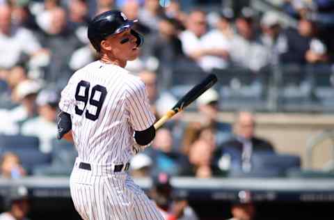 NEW YORK, NEW YORK - APRIL 08: Aaron Judge #99 of the New York Yankees hits a single in the first inning against the Boston Red Sox at Yankee Stadium on April 08, 2022 in New York City. (Photo by Mike Stobe/Getty Images)