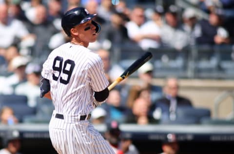 NEW YORK, NEW YORK - APRIL 08: Aaron Judge #99 of the New York Yankees hits a single in the first inning against the Boston Red Sox at Yankee Stadium on April 08, 2022 in New York City. (Photo by Mike Stobe/Getty Images)