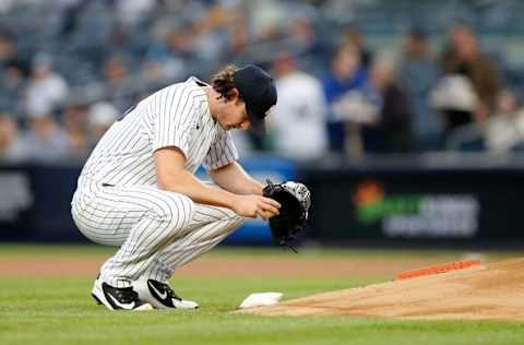 NEW YORK, NEW YORK - APRIL 13: Gerrit Cole #45 of the New York Yankees in action against the Toronto Blue Jays at Yankee Stadium on April 13, 2022 in New York City. The Blue Jays defeated the Yankees 6-4. (Photo by Jim McIsaac/Getty Images)