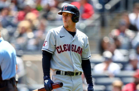 NEW YORK, NEW YORK - APRIL 24: Myles Straw #7 of the Cleveland Guardians heads back to the dugout after striking out in the first inning against the New York Yankees at Yankee Stadium on April 24, 2022 in the Bronx borough of New York City. (Photo by Elsa/Getty Images)