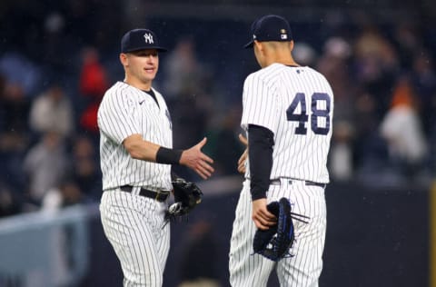 NEW YORK, NEW YORK - APRIL 26: Anthony Rizzo #48 and Josh Donaldson #28 of the New York Yankees celebrate after defeating the Baltimore Orioles 12-8 at Yankee Stadium on April 26, 2022 in New York City. (Photo by Mike Stobe/Getty Images)