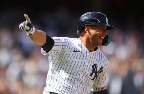 NEW YORK, NEW YORK - APRIL 23: Gleyber Torres #25 of the New York Yankees celebrates his walk-off RBI single in the bottom of the ninth inning to defeat the Cleveland Guardians 5-4 at Yankee Stadium on April 23, 2022 in New York City. New York Yankees defeated the Cleveland Guardians 5-4. (Photo by Mike Stobe/Getty Images)