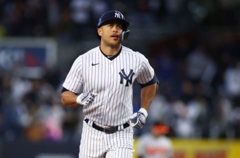 NEW YORK, NEW YORK - APRIL 27: Giancarlo Stanton #27 of the New York Yankees rounds the bases after hitting a two-run home run in the first inning against the Baltimore Orioles at Yankee Stadium on April 27, 2022 in New York City. Giancarlo Stanton #27 hit career home run 350. (Photo by Mike Stobe/Getty Images)