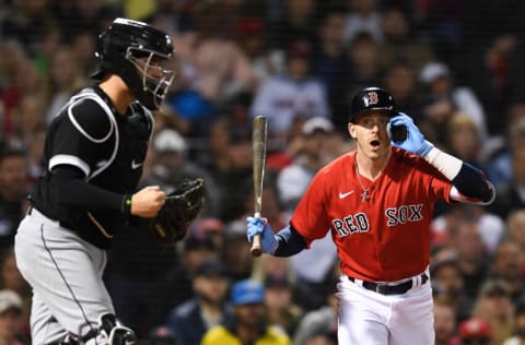 BOSTON, MA - MAY 6: Trevor Story #10 of the Boston Red Sox reacts after a strike call in the fifth inning against the Chicago White Sox at Fenway Park on May 6, 2022 in Boston, Massachusetts. (Photo by Kathryn Riley/Getty Images)