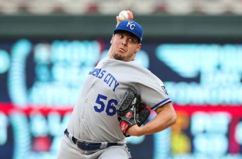 MINNEAPOLIS, MN - MAY 27: Brad Keller #56 of the Kansas City Royals delivers a pitch against the Minnesota Twins in the first inning of the game at Target Field on May 27, 2022 in Minneapolis, Minnesota. (Photo by David Berding/Getty Images)