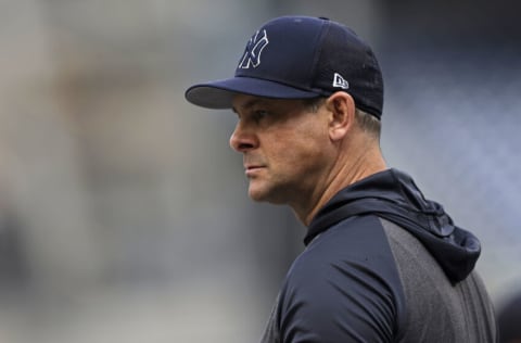 NEW YORK, NY - APRIL 14: Aaron Boone #17 of the New York Yankees during batting practice before a game against the Toronto Blue Jays at Yankee Stadium on April 14, 2022 in the Bronx borough of New York City. (Photo by Adam Hunger/Getty Images)