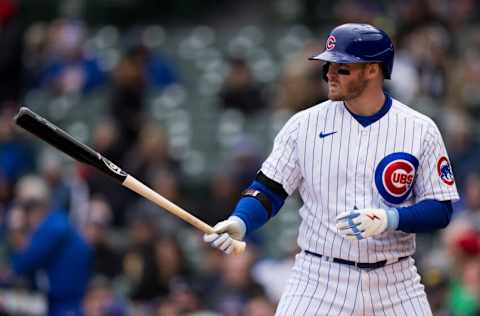 CHICAGO, IL - APRIL 9: Ian Happ of the Chicago Cubs steps in the batters box in a game against the Milwaukee Brewers at Wrigley Field on April 9, 2022 in Chicago, Illinois. (Photo by Matt Dirksen/Getty Images)