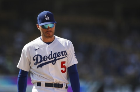 LOS ANGELES, CALIFORNIA - MAY 01: Freddie Freeman #5 of the Los Angeles Dodgers walks onto the field between innings against the Detroit Tigers at Dodger Stadium on May 01, 2022 in Los Angeles, California. (Photo by Meg Oliphant/Getty Images)