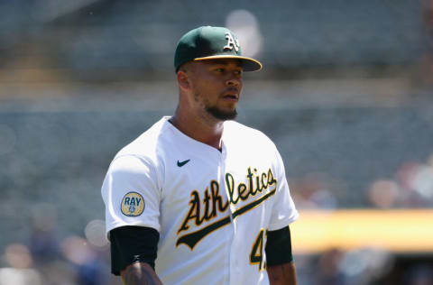 OAKLAND, CALIFORNIA - MAY 04: Starting pitcher Frankie Montas #47 of the Oakland Athletics looks on during the game against the Tampa Bay Rays at RingCentral Coliseum on May 04, 2022 in Oakland, California. (Photo by Lachlan Cunningham/Getty Images)