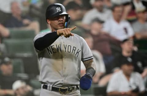 CHICAGO, ILLINOIS - MAY 12: Gleyber Torres #25 of the New York Yankees reacts after scoring in the eighth inning against the Chicago White Sox at Guaranteed Rate Field on May 12, 2022 in Chicago, Illinois. (Photo by Quinn Harris/Getty Images)