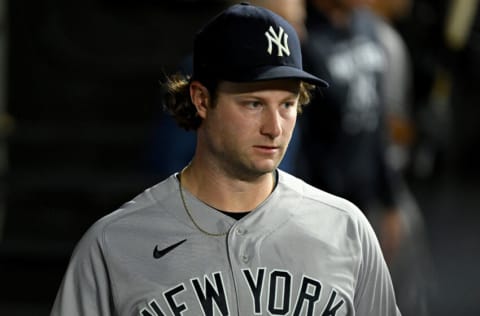 CHICAGO - MAY 13: Gerrit Cole #45 of the the New York Yankees looks on after being removed from the game against the Chicago White Sox on May 13, 2022 at Guaranteed Rate Field in Chicago, Illinois. (Photo by Ron Vesely/Getty Images)