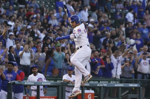 CHICAGO, ILLINOIS - MAY 16: Willson Contreras #40 of the Chicago Cubs celebrates a grand slam against the Pittsburgh Pirates at Wrigley Field on May 16, 2022 in Chicago, Illinois. (Photo by Nuccio DiNuzzo/Getty Images)