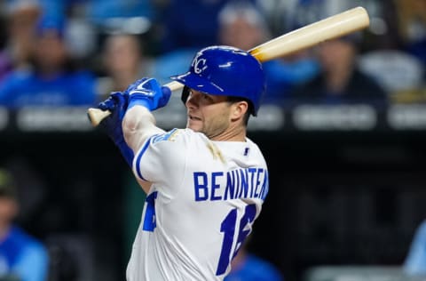 KANSAS CITY, MO - MAY 20: Andrew Benintendi #16 of the Kansas City Royals bats against the Minnesota Twins during the ninth inning at Kauffman Stadium on May 20, 2022 in Kansas City, Missouri. (Photo by Jay Biggerstaff/Getty Images)