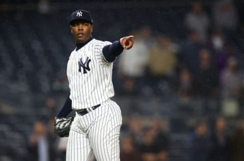 NEW YORK, NEW YORK - APRIL 26: Aroldis Chapman #54 of the New York Yankees in action against the Baltimore Orioles at Yankee Stadium on April 26, 2022 in New York City. New York Yankees defeated the Baltimore Orioles 12-8. (Photo by Mike Stobe/Getty Images)