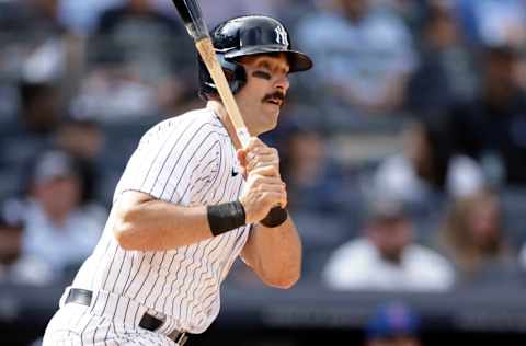 NEW YORK, NY - JUNE 12: Matt Carpenter #24 of the New York Yankees hits an RBI double against the Chicago Cubs during the seventh inning at Yankee Stadium on June 12, 2022 in New York City. (Photo by Adam Hunger/Getty Images)