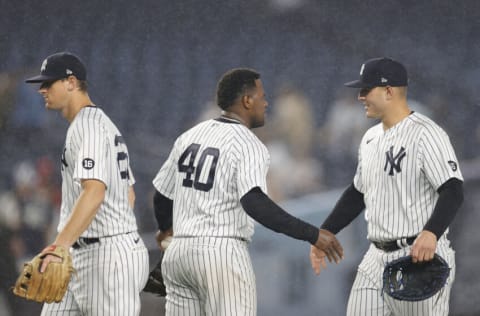 NEW YORK, NEW YORK - SEPTEMBER 21: Anthony Rizzo #48 high-fives Luis Severino #40 as DJ LeMahieu #26 looks on after their win during the ninth inning against the Texas Rangers at Yankee Stadium on September 21, 2021 in the Bronx borough of New York City. The Yankees won 7-1. (Photo by Sarah Stier/Getty Images)