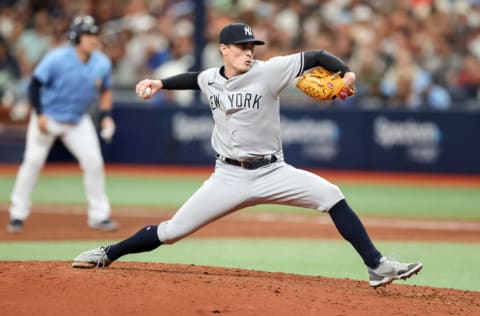 ST. PETERSBURG, FL - MAY 29: Ron Marinaccio #97 of the New York Yankees throws against the Tampa Bay Rays during a baseball game at Tropicana Field on May 29, 2022 in St. Petersburg, Florida. (Photo by Mike Carlson/Getty Images)