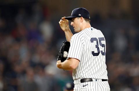 NEW YORK, NEW YORK - JUNE 02: Clay Holmes #35 of the New York Yankees looks on while pitching during the ninth inning of Game Two of a doubleheader against the Los Angeles Angels at Yankee Stadium on June 02, 2022 in the Bronx borough of New York City. The Yankees won 2-1. (Photo by Sarah Stier/Getty Images)