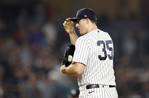 NEW YORK, NEW YORK - JUNE 02: Clay Holmes #35 of the New York Yankees looks on while pitching during the ninth inning of Game Two of a doubleheader against the Los Angeles Angels at Yankee Stadium on June 02, 2022 in the Bronx borough of New York City. The Yankees won 2-1. (Photo by Sarah Stier/Getty Images)