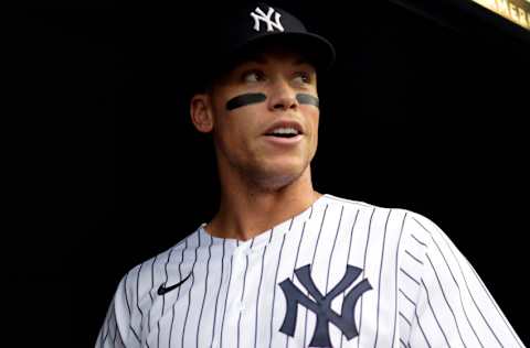 NEW YORK, NY - JUNE 3: Aaron Judge #99 of the New York Yankees looks on against the Detroit Tigers during the first inning at Yankee Stadium on June 3, 2022 in New York City. (Photo by Adam Hunger/Getty Images)