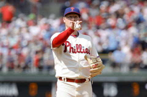 PHILADELPHIA, PENNSYLVANIA - JUNE 12: Nick Nelson #57 of the Philadelphia Phillies looks on during the sixth inning against the Arizona Diamondbacks at Citizens Bank Park on June 12, 2022 in Philadelphia, Pennsylvania. (Photo by Tim Nwachukwu/Getty Images)