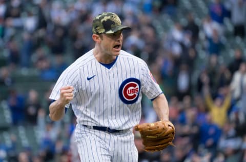 CHICAGO, IL - May 21: David Robertson of the Chicago Cubs clenches his fist in jubilation in a game against the Arizona Diamondbacks at Wrigley Field on May 21, 2022 in Chicago, Illinois. (Photo by Matt Dirksen/Getty Images)