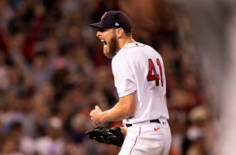 BOSTON, MA - OCTOBER 20: Chris Sale #41 of the Boston Red Sox reacts during the fourth inning of game five of the 2021 American League Championship Series against the Houston Astros at Fenway Park on October 20, 2021 in Boston, Massachusetts. (Photo by Billie Weiss/Boston Red Sox/Getty Images)