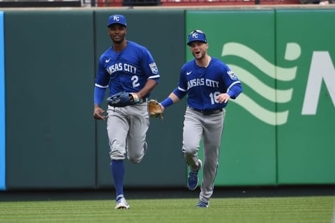 Michael A. Taylor #2 is congratulated by Andrew Benintendi #16 of the Kansas City Royals (Photo by Joe Puetz/Getty Images)