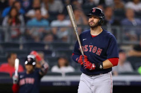 NEW YORK, NY - JULY 18: J.D. Martinez #28 of the Boston Red Sox in action during a game against the New York Yankees at Yankee Stadium on July 18, 2021 in New York City. (Photo by Rich Schultz/Getty Images)