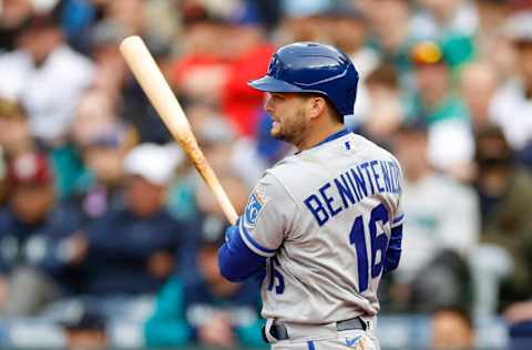 SEATTLE, WASHINGTON - APRIL 23: Andrew Benintendi #16 of the Kansas City Royals at bat against the Seattle Mariners at T-Mobile Park on April 23, 2022 in Seattle, Washington. (Photo by Steph Chambers/Getty Images)