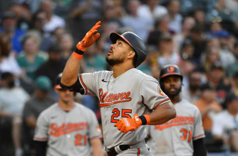 SEATTLE, WASHINGTON - JUNE 27: Anthony Santander #25 of the Baltimore Orioles gestures after hitting a two run home run to right field during the fourth inning against the Seattle Mariners at T-Mobile Park on June 27, 2022 in Seattle, Washington. (Photo by Alika Jenner/Getty Images)