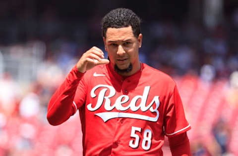 CINCINNATI, OHIO - JULY 03: Luis Castillo #58 of the Cincinnati Reds walks back to the dugout in the game against the Atlanta Braves at Great American Ball Park on July 03, 2022 in Cincinnati, Ohio. (Photo by Justin Casterline/Getty Images)