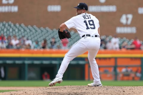 DETROIT, MICHIGAN – JULY 06: Will Vest #19 of the Detroit Tigers throws a pitch while playing the Cleveland Guardians at Comerica Park on July 06, 2022 in Detroit, Michigan. (Photo by Gregory Shamus/Getty Images)