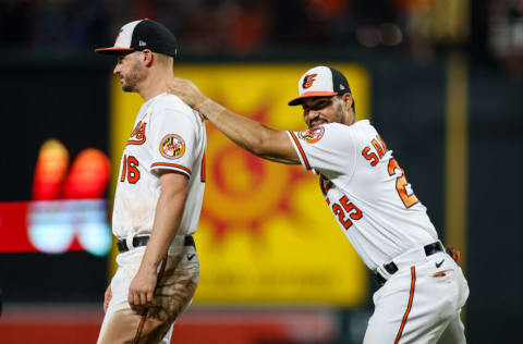 BALTIMORE, MD - JULY 07: Trey Mancini #16 and Anthony Santander #25 of the Baltimore Orioles react after the game against the Los Angeles Angels at Oriole Park at Camden Yards on July 7, 2022 in Baltimore, Maryland. (Photo by Scott Taetsch/Getty Images)