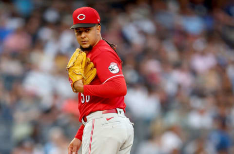 NEW YORK, NEW YORK - JULY 14: Luis Castillo #58 of the Cincinnati Reds looks back at first against the New York Yankees at Yankee Stadium on July 14, 2022 in the Bronx borough of New York City. (Photo by Elsa/Getty Images)