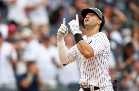 NEW YORK, NEW YORK - JULY 17: Joey Gallo #13 of the New York Yankees celebrates his two run home run in the seventh inning against the Boston Red Sox at Yankee Stadium on July 17, 2022 in the Bronx borough of New York City. (Photo by Elsa/Getty Images)