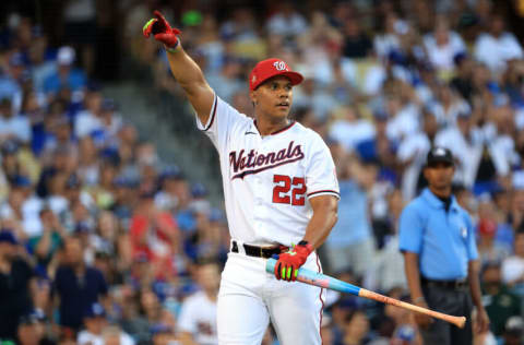 LOS ANGELES, CALIFORNIA - JULY 18: National League All-Star Juan Soto #22 of the Washington Nationals reacts while competing during the 2022 T-Mobile Home Run Derby at Dodger Stadium on July 18, 2022 in Los Angeles, California. (Photo by Sean M. Haffey/Getty Images)