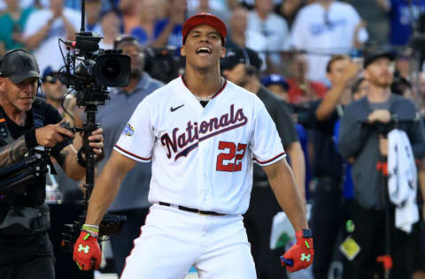 LOS ANGELES, CALIFORNIA - JULY 18: National League All-Star Juan Soto #22 of the Washington Nationals celebrates after winning the 2022 T-Mobile Home Run Derby at Dodger Stadium on July 18, 2022 in Los Angeles, California. (Photo by Sean M. Haffey/Getty Images)