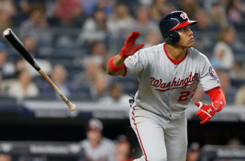 NEW YORK, NY - JUNE 13: Juan Soto #22 of the Washington Nationals follows through on his seventh inning home run against the New York Yankees at Yankee Stadium on June 13, 2018 in the Bronx borough of New York City. The Nationals defeated the Yankees 5-4. (Photo by Jim McIsaac/Getty Images)