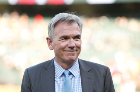 OAKLAND, CA - MARCH 30: Oakland Athletics Executive Vice President of Baseball Operations Billy Bean looks on before the game between the Los Angeles Angels of Anaheim and the Oakland Athletics at Oakland-Alameda County Coliseum on March 30, 2019 in Oakland, California. (Photo by Lachlan Cunningham/Getty Images)