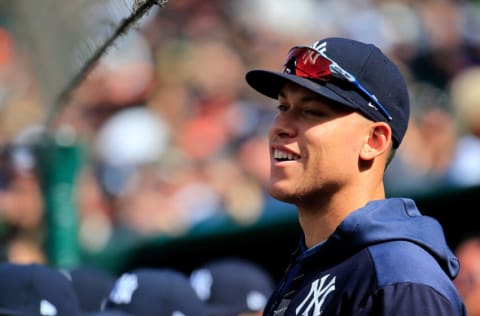 SAN FRANCISCO, CALIFORNIA - APRIL 28: Aaron Judge #99 of the New York Yankees looks on from the dugout during the ninth inning against the San Francisco Giants at Oracle Park on April 28, 2019 in San Francisco, California. (Photo by Daniel Shirey/Getty Images)