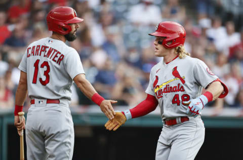 CLEVELAND, OH - JULY 27: Harrison Bader #48 of the St. Louis Cardinals celebrates with Matt Carpenter #13 after hitting a solo home run off Cal Quantrill #47 of the Cleveland Indians during the third inning at Progressive Field on July 27, 2021 in Cleveland, Ohio. The Cardinals defeated the Indians 4-2. (Photo by Ron Schwane/Getty Images)