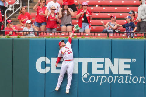 ST LOUIS, MO – JUNE 01: Harrison Bader #48 of the St. Louis Cardinals attempts to catch a home run against the San Diego Padres in the ninth inning at Busch Stadium on June 1, 2022 in St Louis, Missouri. (Photo by Dilip Vishwanat/Getty Images)