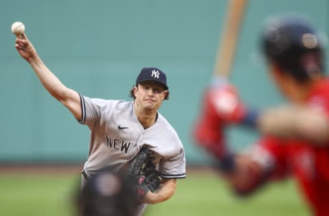 BOSTON, MA - JULY 07: Gerrit Cole #45 of the New York Yankees pitches in the first inning of a game against the Boston Red Sox at Fenway Park on July 7, 2022 in Boston, Massachusetts. (Photo by Adam Glanzman/Getty Images)