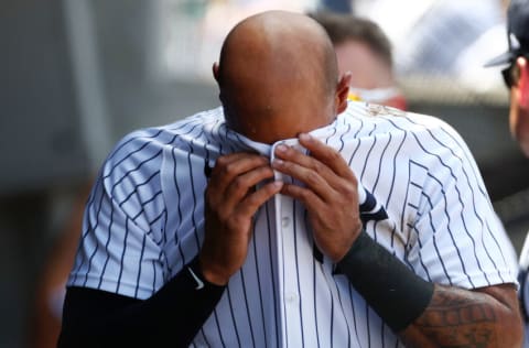 NEW YORK, NY - JULY 30: Aaron Hicks #31 of the New York Yankees reacts after striking out against the Kansas City Royals during the seventh inning of a game at Yankee Stadium on July 30, 2022 in New York City. The Yankees defeated the Royals 8-2. (Photo by Rich Schultz/Getty Images)