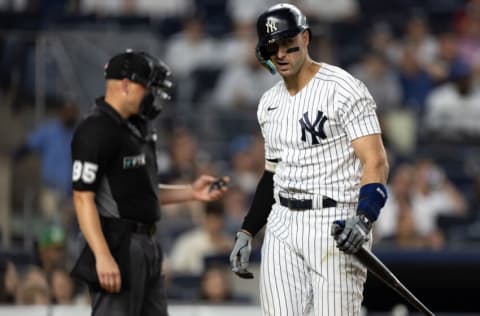 NEW YORK, NEW YORK - JUNE 28: Joey Gallo #13 of the New York Yankees reacts after striking out during the eighth inning of the game against the Oakland Athletics at Yankee Stadium on June 28, 2022 in New York City. (Photo by Dustin Satloff/Getty Images)