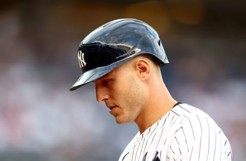 NEW YORK, NEW YORK - JULY 14: Anthony Rizzo #48 of the New York Yankees walks back to the dugout after his turn at bat against the Cincinnati Reds at Yankee Stadium on July 14, 2022 in the Bronx borough of New York City. (Photo by Elsa/Getty Images)