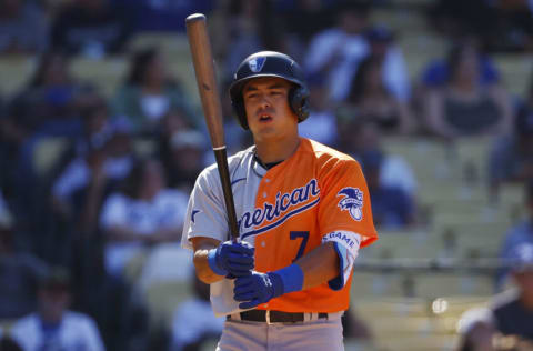 LOS ANGELES, CALIFORNIA - JULY 16: Anthony Volpe #7 of the American League at bat during the SiriusXM All-Star Futures Game against the National League at Dodger Stadium on July 16, 2022 in Los Angeles, California. (Photo by Ronald Martinez/Getty Images)